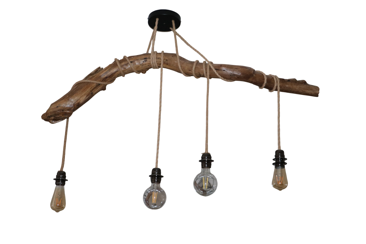 Lustre en bois Suspension lumineuse en bois flotté avec ampoules vintage suspendues, décoration intérieure rustique