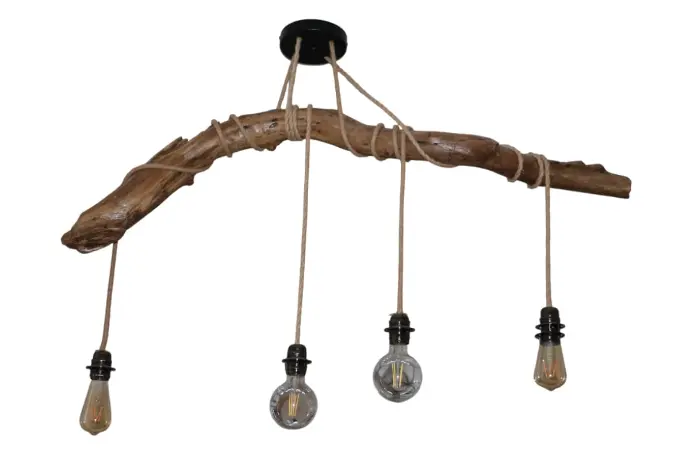 Suspension lumineuse en bois avec ampoules vintage suspendues, décoration intérieure rustique