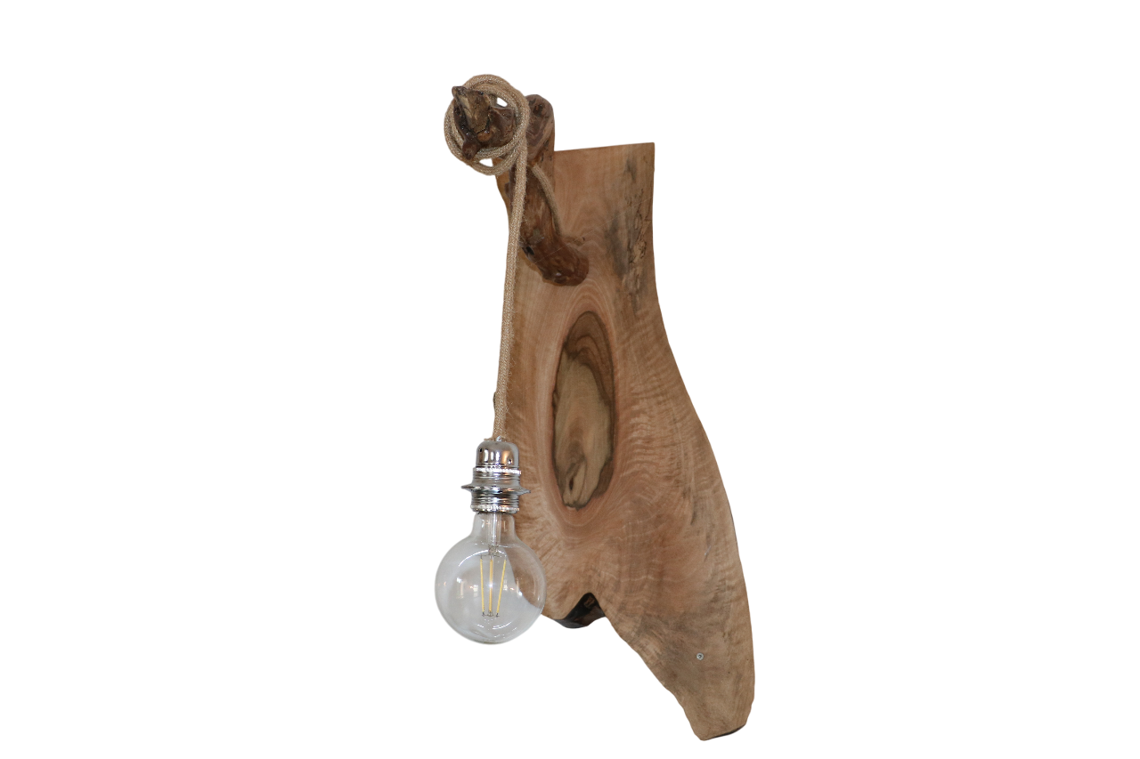 Luminaire mural en bois design Lampe murale en bois naturel avec ampoule ronde suspendue par une corde, design rustique et artisanal